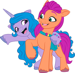 Size: 2822x2756 | Tagged: safe, izzy moonbow, sunny starscout, earth pony, pony, unicorn, g5, my little pony: a new generation, official, .ai available, .svg available, bracelet, colored, duo, duo female, eye contact, female, flat colors, g5 brand assets, horn, jewelry, looking at each other, looking at someone, mare, open mouth, open smile, raised hoof, simple background, smiling, smiling at each other, svg, transparent background, unshorn fetlocks, vector