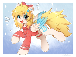 Size: 2732x2048 | Tagged: oc name needed, safe, artist:gale spark, oc, oc only, pegasus, blushing, bow, braid, clothes, colored wings, ear fluff, emanata, fangs, female, hair bow, hoodie, looking at you, mare, multicolored wings, passepartout, pegasus oc, solo, stars, wings