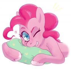 Size: 1280x1232 | Tagged: safe, artist:sunflower_polus, pinkie pie, earth pony, pony, g4, bust, female, grin, looking at you, lying down, mare, one eye closed, pillow, portrait, prone, simple background, smiling, solo, white background, wink