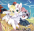 Size: 2006x1837 | Tagged: safe, artist:iimb, oc, oc only, changeling, goat, goat pony, insect, ladybug, octopus, original species, pony, autumn, chest fluff, clothes, duo, grass, grin, hoodie, lying down, outdoors, prone, sitting, smiling, water