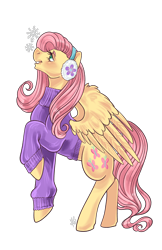 Size: 3300x5100 | Tagged: safe, artist:ashley-the-muffin, fluttershy, pegasus, pony, g4, clothes, earmuffs, female, looking up, mare, open mouth, open smile, raised hoof, simple background, smiling, solo, sweater, transparent background