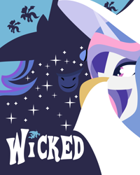 Size: 2400x3000 | Tagged: safe, artist:samoht-lion, princess celestia, princess luna, alicorn, bat pony, pony, g4, bust, colored, female, flat colors, high res, looking at you, mare, poster parody, royal sisters, siblings, silhouette, sisters, text, wicked