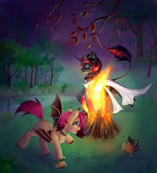 Size: 982x1080 | Tagged: safe, artist:ske, oc, oc only, oc:hokc, oc:jack (avroras_world), oc:pumpkin (avroras_world), bat pony, original species, pony, unicorn, bat pony oc, bonfire, chest fluff, choker, colored eartips, colored hooves, ear tufts, female, fetlock tuft, fire, freckles, gradient mane, gradient tail, grass, green eyes, hooves, horn, leonine tail, mare, night, npn (nightmare pony night), one wing out, open mouth, open smile, outdoors, pumpkin, pumpkin dog, raised hoof, smiling, spiked choker, tail, tree, trio, unicorn oc, unshorn fetlocks, wings