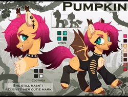 Size: 2560x1937 | Tagged: safe, artist:avroras_world, oc, oc only, oc:pumpkin (avroras_world), bat pony, pony, adult blank flank, bat pony oc, boob window, butt freckles, chest fluff, choker, clothes, color palette, colored eartips, colored hooves, colored pinnae, cute, cute little fangs, ear tufts, fangs, female, freckles, gradient mane, gradient tail, hooves, leg warmers, npn (nightmare pony night), open mouth, open smile, raised hoof, reference sheet, size comparison, smiling, solo, spiked choker, tail, teal eyes, unshorn fetlocks