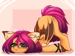 Size: 2560x1911 | Tagged: safe, oc, oc only, oc:pumpkin (avroras_world), bat pony, pony, :t, ass up, bat pony oc, bracelet, butt, butt focus, chest fluff, choker, colored eartips, colored hooves, ear tufts, face down ass up, female, freckles, gradient mane, gradient tail, hairclip, hooves, jewelry, leg fluff, mare, npn (nightmare pony night), pale belly, pink background, shoulder fluff, simple background, solo, tail, teal eyes, unshorn fetlocks