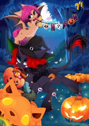 Size: 1527x2160 | Tagged: safe, artist:xsatanielx, oc, oc only, bat pony, pony, unicorn, candy, chest fluff, choker, female, food, forest, forest background, freckles, halloween, hat, holiday, horn, jack-o-lantern, leonine tail, mouth hold, npn (nightmare pony night), pumpkin, pumpkin bucket, tail, trio, witch hat