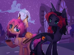 Size: 1280x960 | Tagged: safe, oc, oc only, oc:hokc, oc:jack (avroras_world), oc:pumpkin (avroras_world), bat pony, original species, pony, unicorn, adult blank flank, bat pony oc, butt freckles, chest fluff, choker, cloud, cloven hooves, colored eartips, colored hooves, colored pinnae, ear tufts, female, fetlock tuft, folded wings, freckles, gradient mane, gradient tail, green eyes, hairclip, hooves, horn, leonine tail, mare, mare in the moon, moon, night, npn (nightmare pony night), outdoors, pale belly, physique difference, ponyville, pumpkin, pumpkin dog, shoulder fluff, slender, tail, teal eyes, thin, trio, unicorn oc, unshorn fetlocks, wings