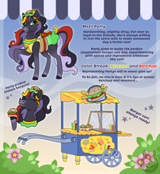 Size: 1000x1089 | Tagged: safe, artist:themiles, oc, oc only, oc:patty, horse, barely pony related, burger, cart, clothes, eating, female, food, french fries, hat, hoof hold, mare, solo, text, uniform, wild manes, wild manes oc