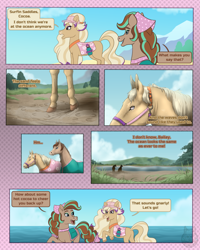 Size: 900x1124 | Tagged: safe, artist:themiles, horse, bailey (wild manes), barely pony related, cocoa (wild manes), comic, dialogue, duo, duo female, female, hoers, lake, mare, ocean, outdoors, realistic, speech bubble, water, wild manes