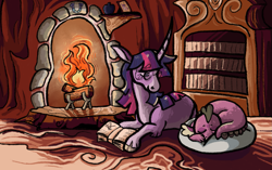 Size: 2077x1305 | Tagged: safe, artist:pointdointy, spike, twilight sparkle, dragon, pony, unicorn, g4, book, duo, duo male and female, female, fire, fireplace, glasses, golden oaks library, indoors, lying down, male, mare, pet bed, prone, round glasses, sleeping, unicorn twilight, unshorn fetlocks