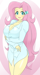 Size: 1668x3096 | Tagged: safe, artist:batipin, fluttershy, human, equestria girls, g4, arm under breasts, big breasts, breasts, busty fluttershy, cleavage, clothes, female, huge breasts, looking at you, open mouth, open smile, shirt, smiling, smiling at you, solo