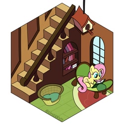 Size: 1100x1100 | Tagged: safe, artist:unitxxvii, part of a set, fluttershy, pegasus, pony, g4, book, female, fluttershy's cottage, high angle, indoors, isometric, lying down, mare, prone, reading, solo