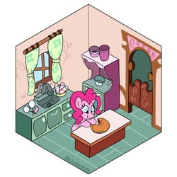 Size: 1100x1100 | Tagged: safe, artist:unitxxvii, part of a set, pinkie pie, earth pony, pony, g4, eating, female, food, high angle, isometric, kitchen, mare, pie, solo, sugarcube corner