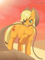 Size: 3084x4096 | Tagged: safe, artist:pawronik, applejack, earth pony, pony, g4, female, grin, high res, lasso, lidded eyes, mare, mouth hold, offscreen character, pov, raised hoof, rope, smiling, solo