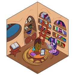 Size: 1100x1100 | Tagged: safe, artist:unitxxvii, part of a set, twilight sparkle, pony, unicorn, g4, book, bookhorse, female, glowing, glowing horn, golden oaks library, high angle, horn, isometric, levitation, library, magic, mare, reading, solo, telekinesis, unicorn twilight