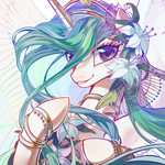 Size: 2362x2362 | Tagged: safe, artist:shiqiuzhu, princess celestia, alicorn, pony, g4, bracelet, bust, crown, cute, digital art, ethereal mane, female, flower, flower in hair, flowing mane, grin, high res, horn, jewelry, looking at you, mare, necklace, pearl necklace, pink eyes, portrait, raised hoof, regalia, simple background, smiling, smiling at you, solo, spread wings, starry mane, white background, wings