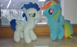 Size: 638x394 | Tagged: safe, rainbow dash, soarin', pegasus, pony, g4, female, indoors, irl, male, mare, photo, plushie, ship:soarindash, shipping, stallion, straight, toy