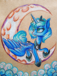 Size: 1914x2560 | Tagged: safe, artist:just_yuki, princess luna, alicorn, g4, cloud, lying down, moon, pencil drawing, traditional art