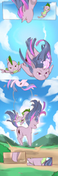 Size: 1120x3360 | Tagged: safe, artist:cold-blooded-twilight, edit, spike, twilight sparkle, dragon, pony, unicorn, cold blooded twilight, comic:cold storm (ru), g4, alternate design, comic, cyrillic, dragons riding ponies, falling, horn, magic, majestic as fuck, outdoors, riding, riding a pony, russian, spike riding twilight, translation, translator:agent00k0t, unicorn twilight