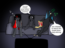 Size: 1200x900 | Tagged: safe, artist:rotexun, king sombra, queen chrysalis, oc, oc:sinnie, changeling, pony, equestria at war mod, g4, bored, crystal empire, hanging out, indoors, stalliongrad, watching tv