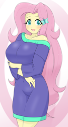 Size: 1668x3096 | Tagged: safe, alternate version, artist:batipin, fluttershy, human, equestria girls, g4, arm under breasts, big breasts, breasts, busty fluttershy, butterfly hairpin, clothes, cute, female, happy, huge breasts, looking at you, open mouth, open smile, shirt, shyabetes, smiling, smiling at you, solo