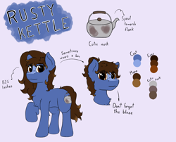 Size: 2048x1653 | Tagged: safe, artist:rusty kettle, oc, oc only, oc:rusty kettle, earth pony, pony, blue coat, brown eyes, brown mane, long mane, male, reference sheet, simple background, solo, stallion