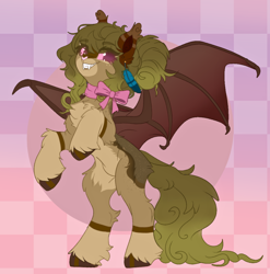 Size: 1052x1064 | Tagged: safe, artist:oppertunitea, oc, oc only, bat pony, pony, abstract background, bow, chest fluff, choker, ear piercing, earring, fangs, female, hair bow, jewelry, mare, piercing, rearing, solo, spread wings, unshorn fetlocks, wings