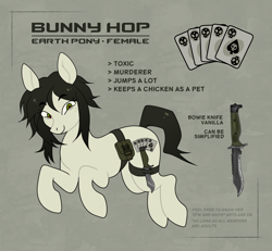 Size: 1600x1480 | Tagged: safe, artist:sociofag, oc, oc only, oc:bunny hop, earth pony, pony, bag, black mane, counter-strike, cutie mark, earth pony oc, female, green eyes, knife, military, military pony, reference sheet, simple background, smiling, solo