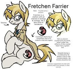 Size: 540x514 | Tagged: safe, artist:muffinz, oc, oc only, oc:fretchen farrier, crystal pony, pony, unicorn, clothes, coat, glasses, horn, male, necktie, simple background, solo, stallion, trenchcoat, white background