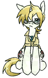 Size: 307x499 | Tagged: safe, artist:muffinz, oc, oc only, oc:fretchen farrier, crystal pony, pony, unicorn, clothes, coat, glasses, horn, male, necktie, sitting, stallion, trenchcoat