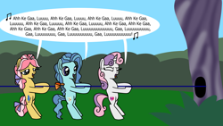 Size: 1920x1080 | Tagged: safe, artist:platinumdrop, kettle corn, petunia paleo, sweetie belle, earth pony, pony, unicorn, g4, bipedal, commission, horn, music notes, pulling, rope, singing, speech bubble, tree