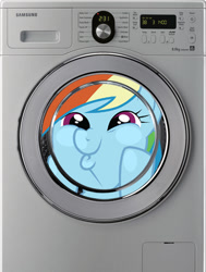 Size: 516x684 | Tagged: artist needed, source needed, safe, rainbow dash, pegasus, pony, g4, artifact, dashface, female, mare, samsung, silly, silly pony, solo, washing machine, wat