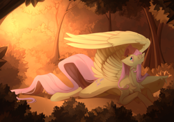 Size: 2287x1611 | Tagged: safe, artist:1nka, fluttershy, pegasus, pony, belly, evening, female, forest, large wings, long tail, lying down, mare, nature, on side, prone, solo, tail, tree, wings