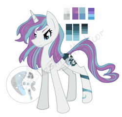 Size: 1322x1268 | Tagged: safe, artist:destiny_manticor, oc, oc only, pony, unicorn, adoptable, auction, body markings, concave belly, cutie mark, female, gradient markings, heterochromia, horn, long tail, mare, obtrusive watermark, palette, signature, simple background, slender, solo, tail, thin, three quarter view, two toned mane, two toned tail, watermark, white background