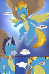 Size: 960x1440 | Tagged: safe, artist:cold-blooded-twilight, edit, soarin', spitfire, pegasus, pony, comic:cold storm (ru), g4, :<, belly, belly button, cloak, clothes, comic, dialogue, flying, looking down, moon, spread wings, stars, translation, uniform, wings, wonderbolts, wonderbolts uniform