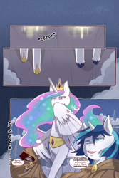 Size: 960x1440 | Tagged: safe, artist:cold-blooded-twilight, edit, princess celestia, shining armor, oc, oc:blazing saddles, alicorn, pony, unicorn, comic:cold storm (ru), g4, clothes, comic, crown, dialogue, hoof shoes, horn, jewelry, magic, peytral, regalia, robe, spread wings, translation, unshorn fetlocks, wings