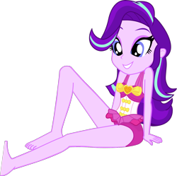 Size: 1340x1335 | Tagged: safe, alternate version, artist:dustinwatsongkx, starlight glimmer, human, equestria girls, g4, bare shoulders, barefoot, clothes, clothes swap, feet, female, hatless, missing accessory, one-piece swimsuit, pinkie pie swimsuit, simple background, sleeveless, solo, swimsuit, swimsuit swap, transparent background