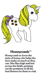 Size: 550x1000 | Tagged: safe, honeycomb, pony, unicorn, g1, my little pony fact file, official, adoracomb, bow, closed mouth, cute, error, female, g1 backstory, horn, mare, race swap, smiling, solo, tail, tail bow, text, unicorn honeycomb