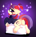 Size: 3877x3915 | Tagged: safe, artist:empress-twilight, moondancer, pony, unicorn, g4, my little pony: friendship is magic, big ears, butt, clothes, commission, dock, dock fluff, ear fluff, eyelashes, female, glasses, gradient background, hair tie, hock fluff, hoof fluff, horn, lidded eyes, looking back, mane tie, mare, mooningdancer, plot, ponytail, profile, raised head, rear view, smiling, solo, sparkles, sweater, tail, tied mane, tongue out, turtleneck, turtleneck sweater, ych result