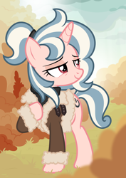 Size: 2926x4142 | Tagged: safe, artist:return 0, oc, oc only, oc:vivi poff, unicorn, autumn, clothes, horn, jacket, show accurate, solo, sweater