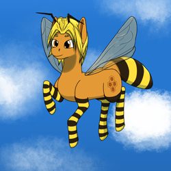 Size: 2000x2000 | Tagged: safe, artist:terminalhash, oc, oc only, bee pony, original species, pony, clothes, cloud, flying, sky, socks, solo, striped socks