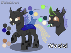 Size: 6000x4500 | Tagged: safe, artist:alejandrogmj, artist:wasisi, oc, oc:wasisi, changeling, changeling oc, fangs, glowing, glowing horn, horn, reference sheet, simple background, tongue out