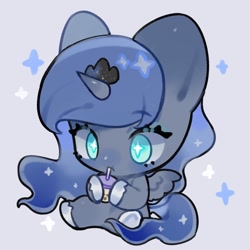 Size: 1500x1500 | Tagged: safe, artist:puzi, princess luna, alicorn, pony, g4, bubble tea, chibi, crown, cute, drink, drinking, female, jewelry, lunabetes, regalia, sitting, solo, sparkles, sparkly eyes, straw, wingding eyes