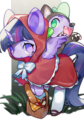 Size: 1181x1748 | Tagged: safe, artist:puzi, spike, twilight sparkle, alicorn, dragon, pony, g4, animal costume, apple, baguette, basket, bread, clothes, cosplay, costume, crossover, cute, duo, female, food, little red riding hood, male, mare, no pupils, open mouth, simple background, spikabetes, transparent background, twiabetes, twilight sparkle (alicorn), wolf costume