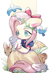 Size: 1181x1748 | Tagged: safe, artist:puzi, fluttershy, bird, fawn, pegasus, pony, rabbit, squirrel, g4, animal, bow, clothes, crossover, cute, dress, female, floppy ears, floral head wreath, flower, hair bow, looking at something, mare, no pupils, princess, shyabetes, simple background, sitting, snow white, solo, spread wings, three quarter view, transparent background, wings