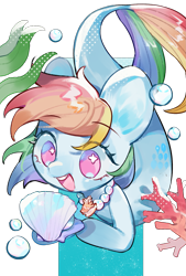 Size: 1181x1748 | Tagged: safe, artist:puzi, rainbow dash, merpony, pony, seapony (g4), g4, bubble, coral, cute, dashabetes, female, fish tail, jewelry, necklace, no pupils, open mouth, open smile, pearl necklace, seaponified, seapony rainbow dash, seashell, seashell necklace, seaweed, simple background, smiling, solo, species swap, swimming, tail, the little mermaid, transparent background, underwater, water