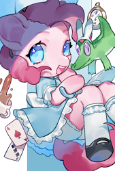 Size: 1181x1748 | Tagged: safe, artist:puzi, gummy, pinkie pie, alligator, earth pony, pony, semi-anthro, g4, alice, alice in wonderland, arm hooves, bloomers, bunny ears, card, clothes, cosplay, costume, crossover, cup, cute, diapinkes, dress, female, food, looking at you, mare, no pupils, open mouth, pocket watch, puffy sleeves, simple background, solo, tea, teacup, transparent background