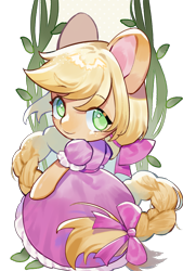 Size: 1181x1748 | Tagged: safe, artist:puzi, applejack, earth pony, pony, semi-anthro, g4, arm hooves, beautiful, blonde, bow, braid, clothes, cosplay, costume, crossover, cute, dress, female, hair bow, hatless, jackabetes, long mane, looking at you, mare, missing accessory, no pupils, princess, puffy sleeves, rapunzel, simple background, solo, transparent background, vine