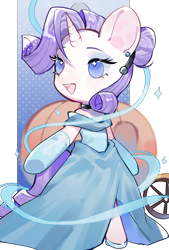 Size: 1181x1748 | Tagged: safe, artist:puzi, rarity, pony, unicorn, semi-anthro, g4, alternate hairstyle, arm hooves, bipedal, carriage, cinderella, clothes, cosplay, costume, crossover, cute, dress, ear piercing, elsa, female, frozen (movie), gloves, horn, long gloves, mare, no pupils, open mouth, piercing, princess, pumpkin, raribetes, simple background, solo, transparent background