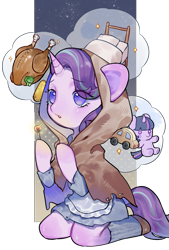 Size: 1181x1748 | Tagged: safe, artist:puzi, starlight glimmer, twilight sparkle, bird, pony, turkey, unicorn, semi-anthro, g4, arm hooves, bed, clothes, corn, cosplay, costume, crossover, dress, female, food, hood, horn, matchstick, plushie, simple background, solo, the little match girl, transparent background